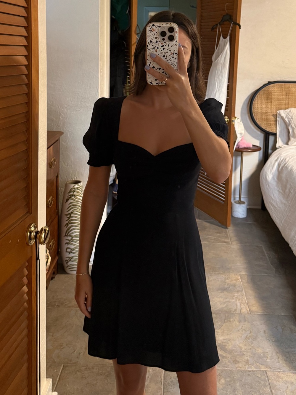 Sunday Best Black Short Puff-Sleeve Sweetheart Mini Dress